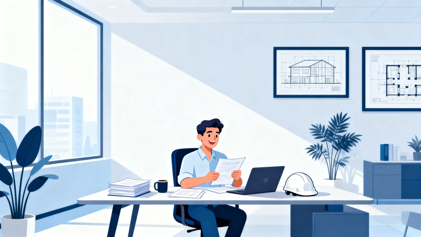 Business owner reviewing workers' comp insurance documents at his desk with a confident smile